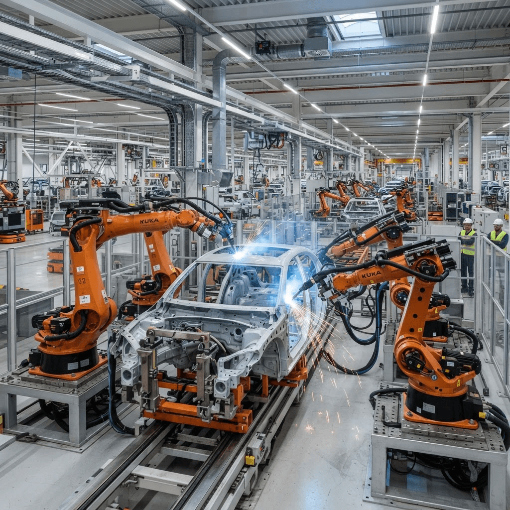 Robotic arms welding a car body on an automotive assembly line