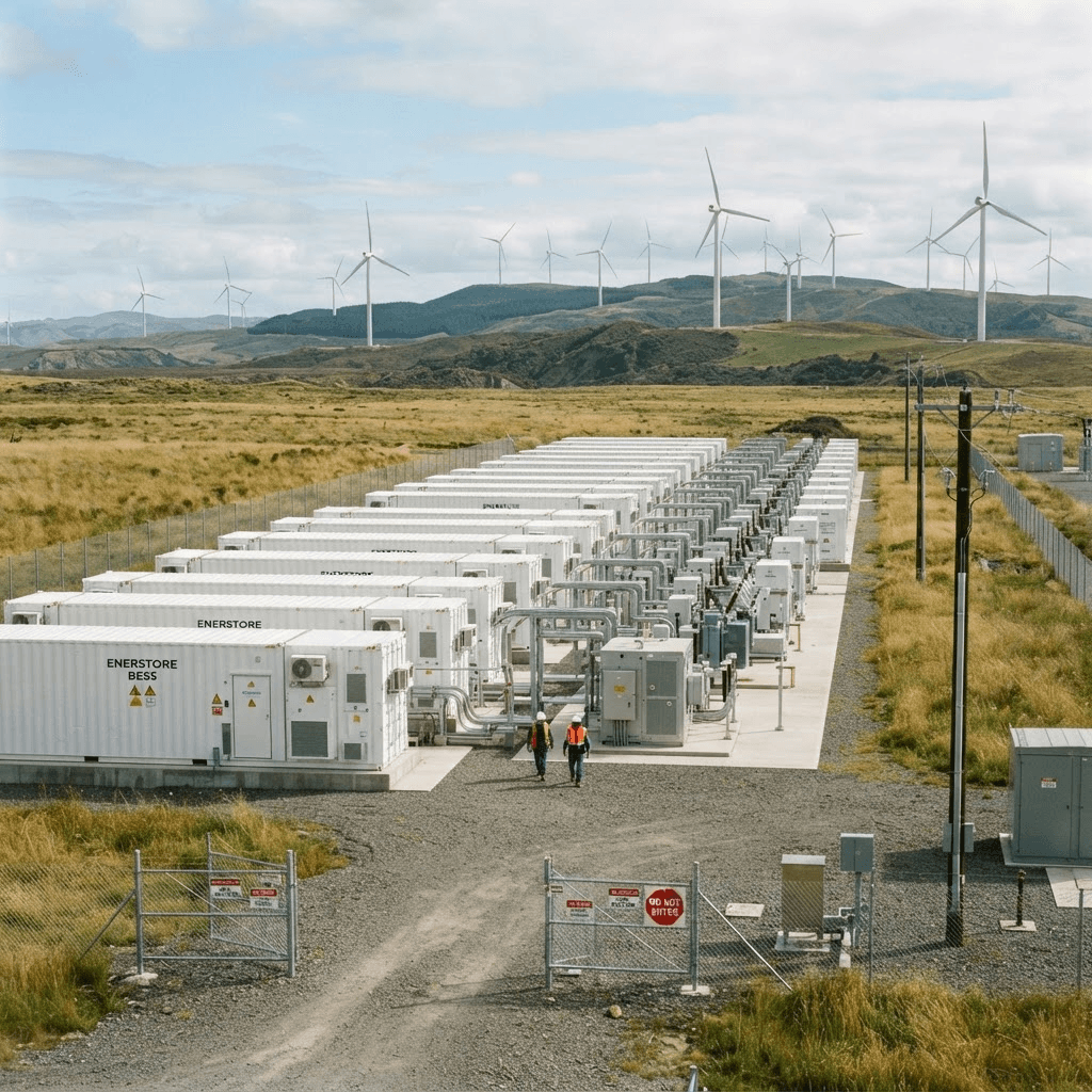 Container battery energy storage units with wind turbines behind