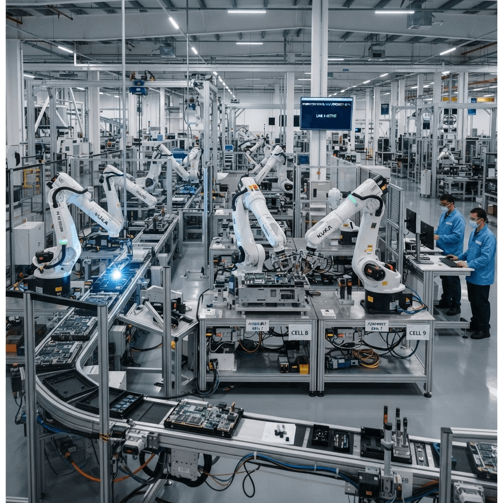 Industrial robot arms on a precision assembly line