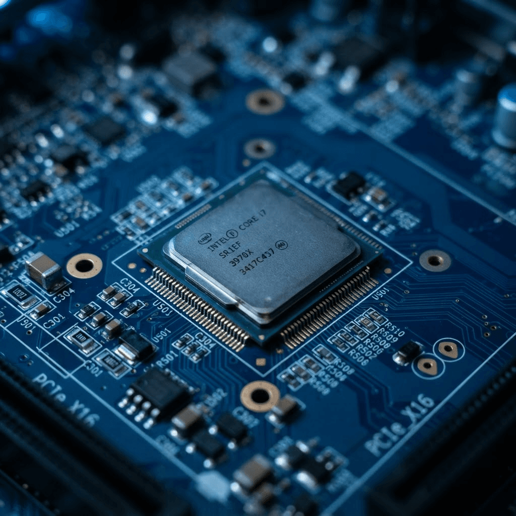 Close-up of a microchip mounted on a printed circuit board